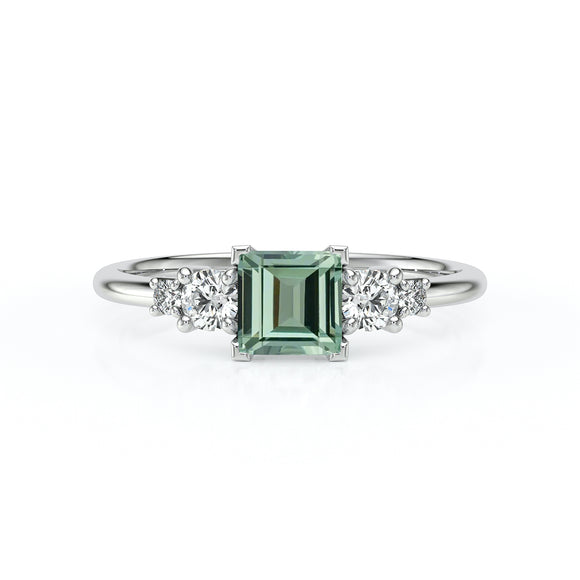Solitaire accompagné saphir vert et diamant Coucher de Soleil - 14