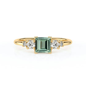 Solitaire accompagné saphir vert et diamant Coucher de Soleil - 14