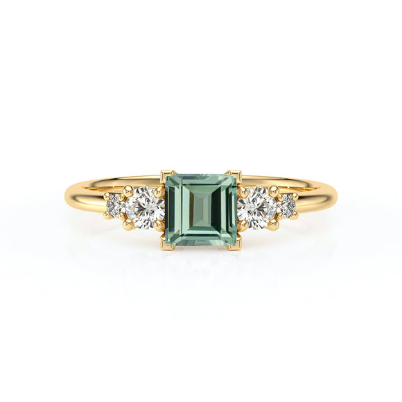 Solitaire accompagné saphir vert et diamant Coucher de Soleil - 14