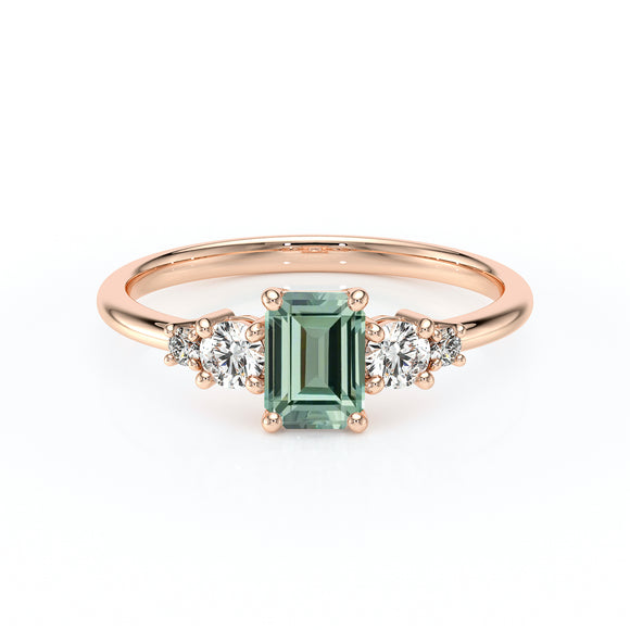 Solitaire accompagné saphir vert et diamant Coucher de Soleil - 15