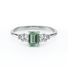 Solitaire accompagné saphir vert et diamant Coucher de Soleil - 15