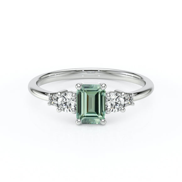 Solitaire accompagné saphir vert et diamant Coucher de Soleil - 15