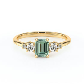 Solitaire accompagné saphir vert et diamant Coucher de Soleil - 15
