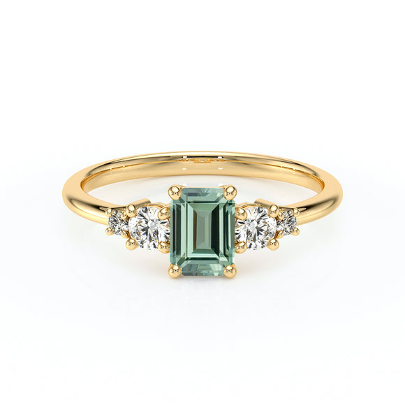 Solitaire accompagné saphir vert et diamant Coucher de Soleil - 15