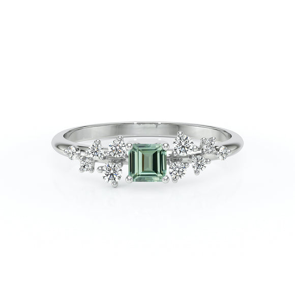 Solitaire accompagné saphir vert et diamant Pluie d'étoiles - 13