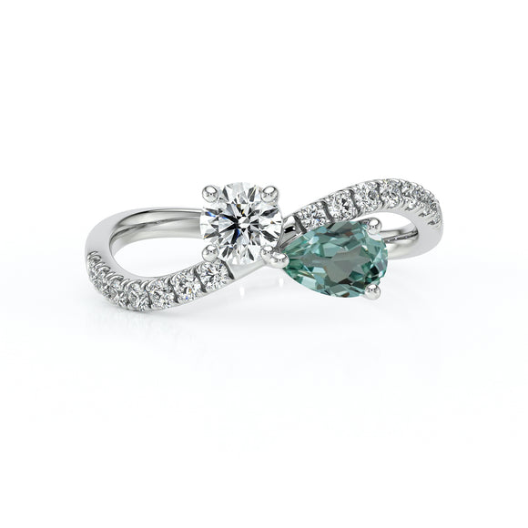 Solitaire accompagné saphir vert et diamant Toi et Moi - 2