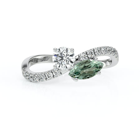 Solitaire accompagné saphir vert et diamant Toi et Moi - 3