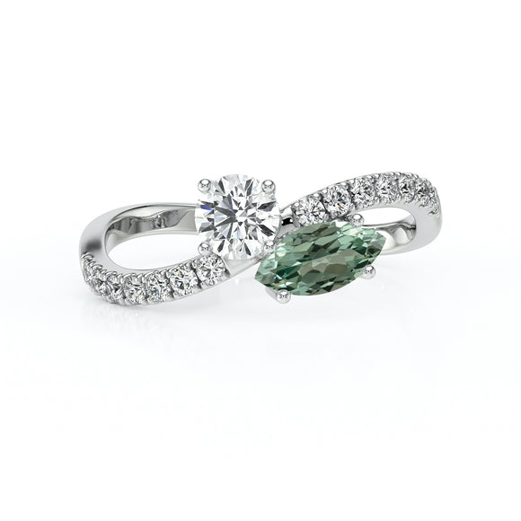 Solitaire accompagné saphir vert et diamant Toi et Moi - 3