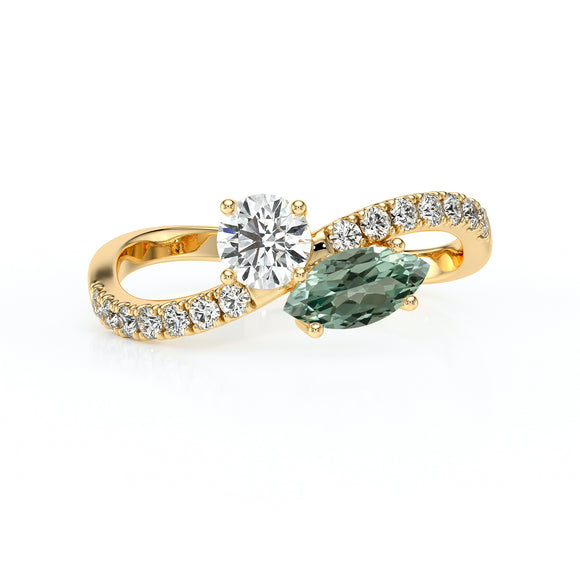 Solitaire accompagné saphir vert et diamant Toi et Moi - 3