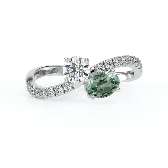 Solitaire accompagné saphir vert et diamant Toi et Moi - 4