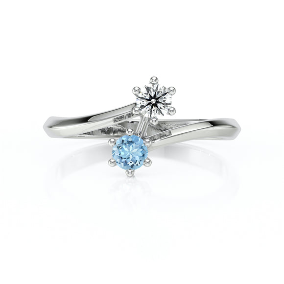 Solitaire aigue-marine diamant Toi et Moi - 6 Griffes
