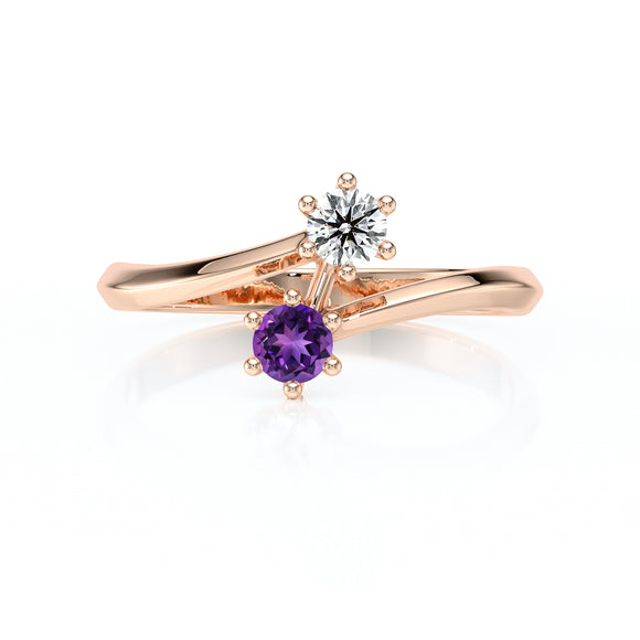 Solitaire améthyste diamant Toi et Moi - 6 Griffes