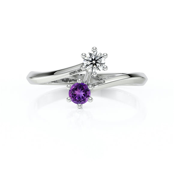 Solitaire améthyste diamant Toi et Moi - 6 Griffes