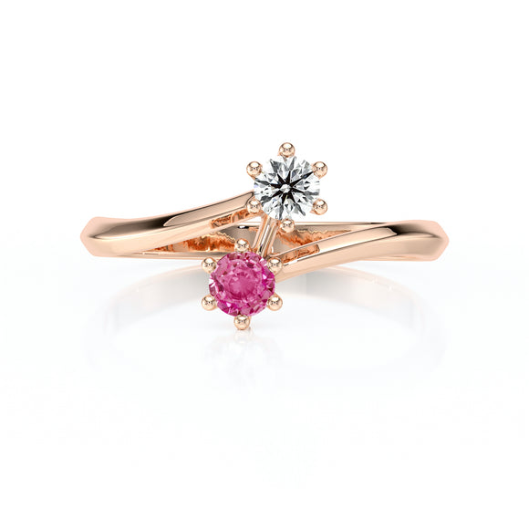 Solitaire saphir rose diamant Toi et Moi - 6 Griffes