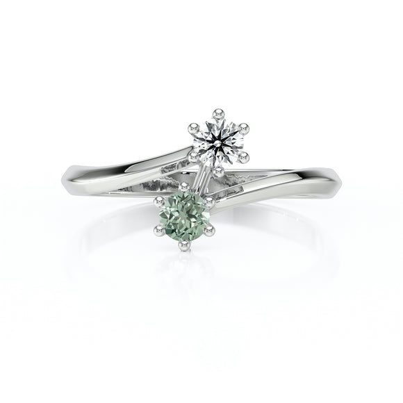 Solitaire saphir vert diamant Toi et Moi - 6 Griffes