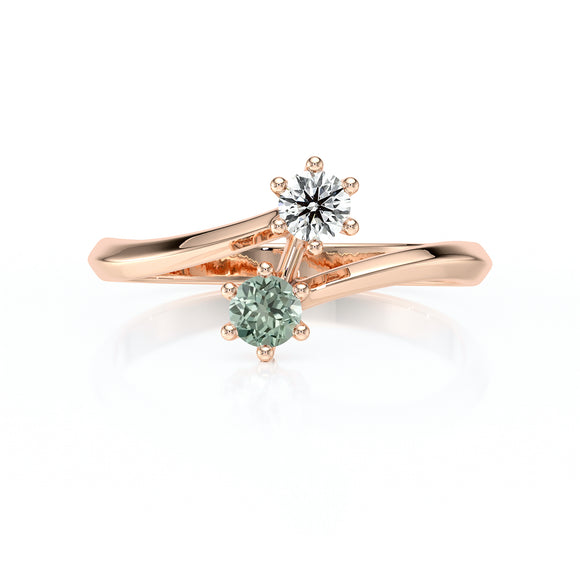 Solitaire saphir vert diamant Toi et Moi - 6 Griffes