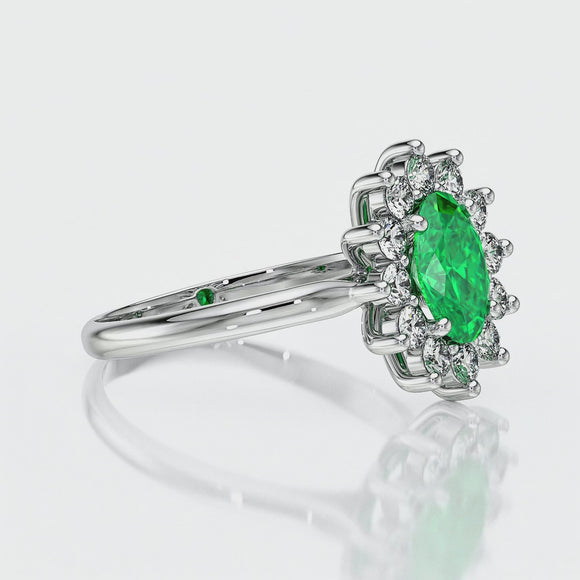 Bague entourage émeraude et diamant Pompadour