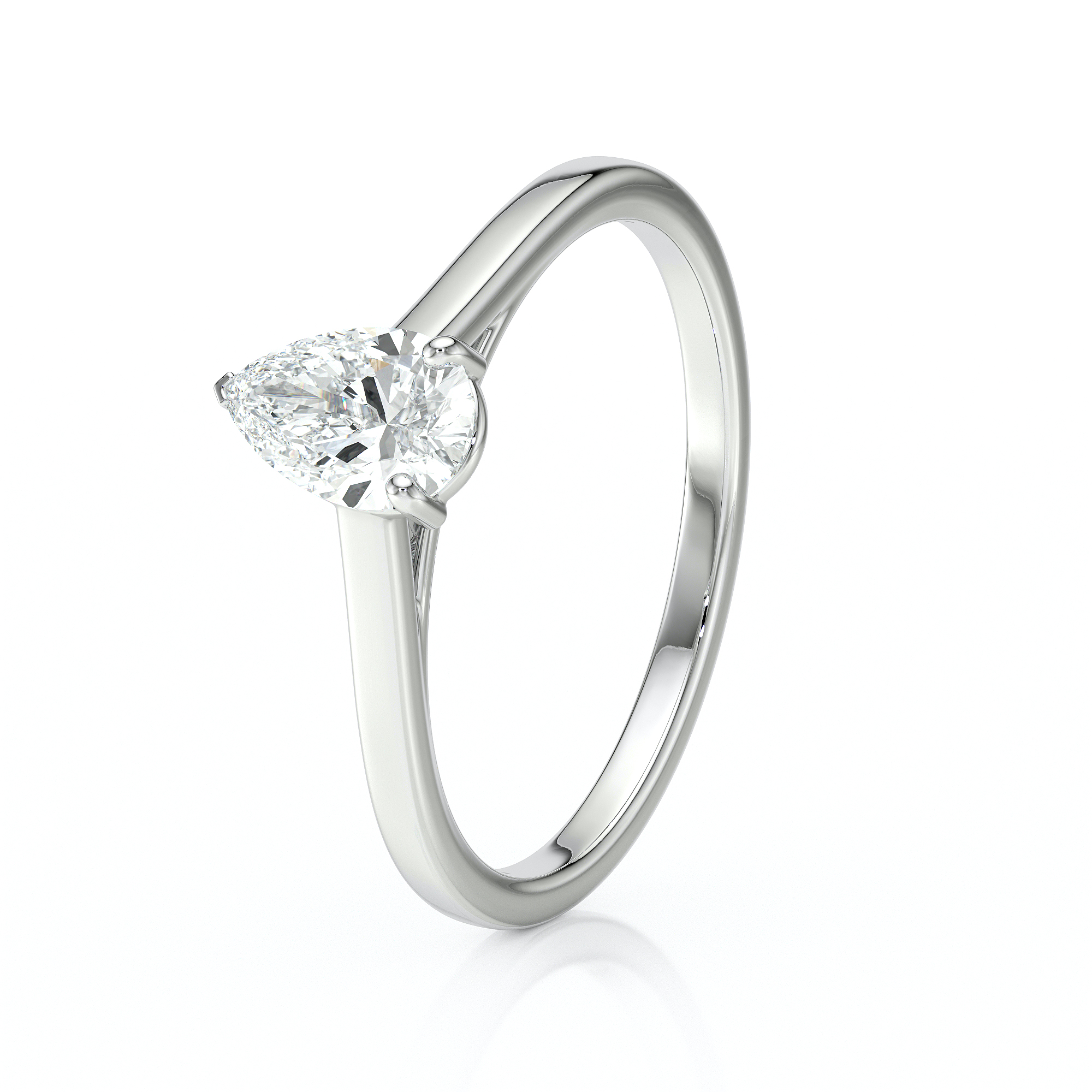 Bague de fiançailles élégante en or blanc avec un diamant taillé en forme de poire, mise en valeur par un design minimaliste et moderne. Idéale pour une demande en mariage ou une occasion spéciale, cette bague offre une brillance exceptionnelle et un style intemporel.