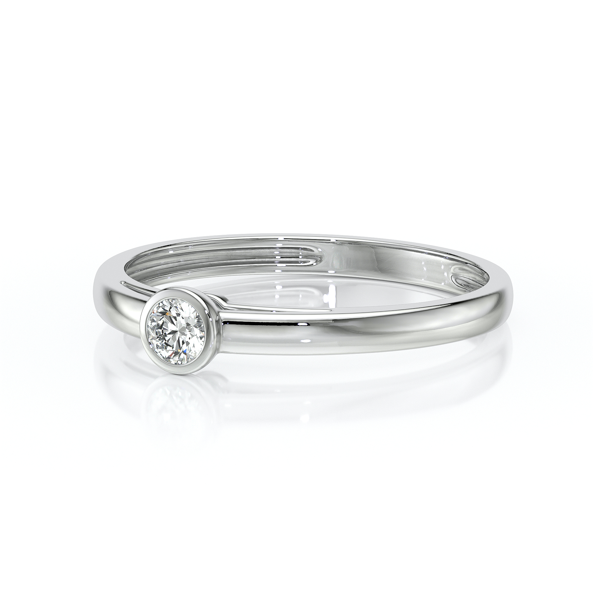 Bague en or blanc minimaliste avec un diamant brillant en sertissage solitaire, élégante et classique, idéale pour les fiançailles ou les occasions spéciales. Modèle chic avec un design intemporel, mettant en valeur la beauté du diamant.