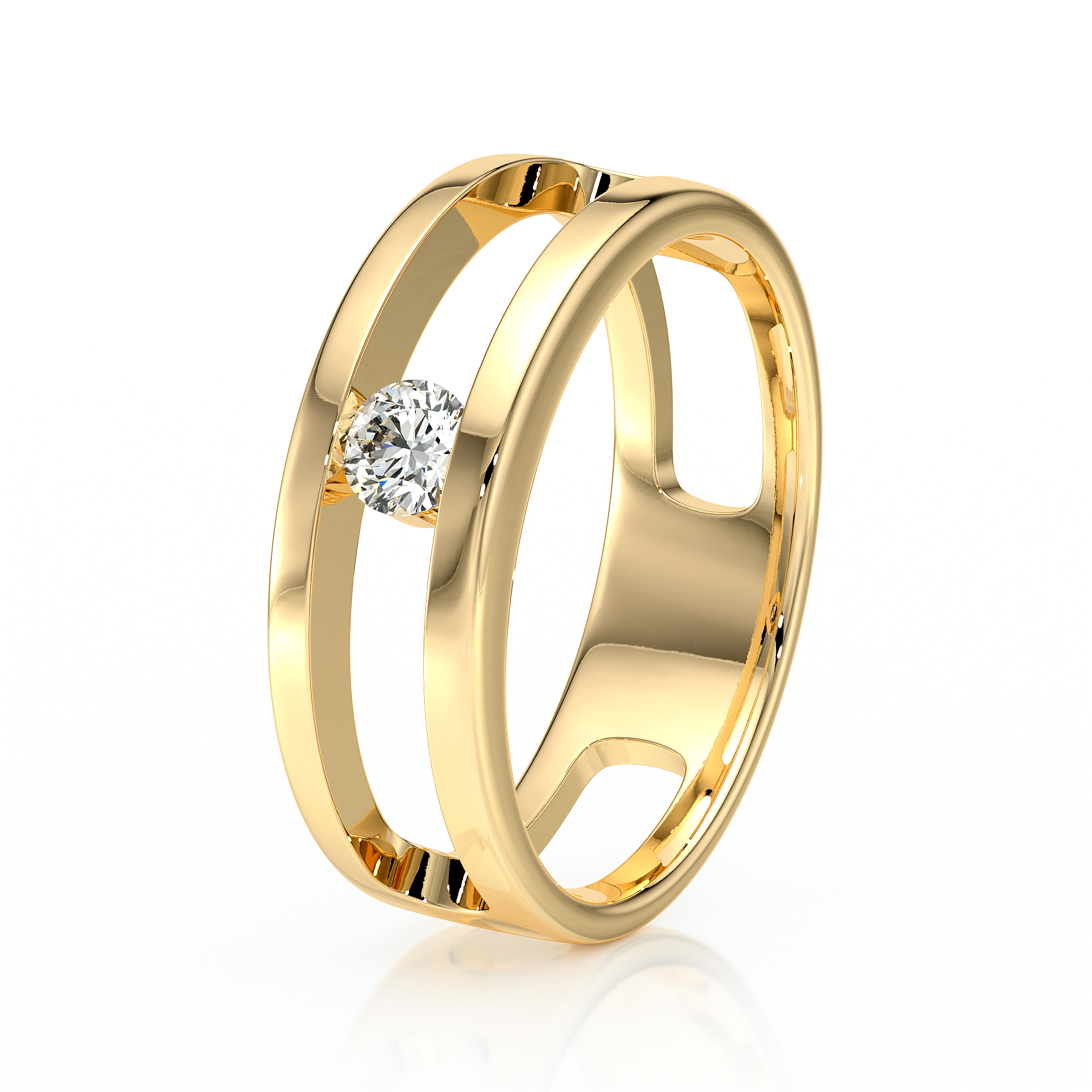 Bague en or jaune moderne avec un design épuré, mettant en valeur un diamant central brillant. Cette bijouterie allie élégance et simplicité, parfaite pour un engagement ou un cadeau spécial. Le design unique de la bague accentue la brillance du diamant et offre un look contemporain.