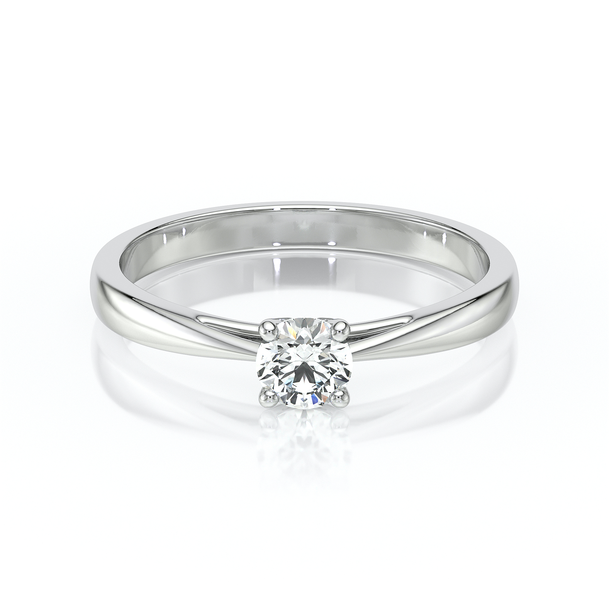Bague en or blanc avec un diamant rond central, design élégant et moderne, idéale pour une proposition de mariage. Bague de fiançailles raffinée, mettant en valeur la brillance du diamant, parfaite pour symboliser un engagement éternel. Modèle + diamant.