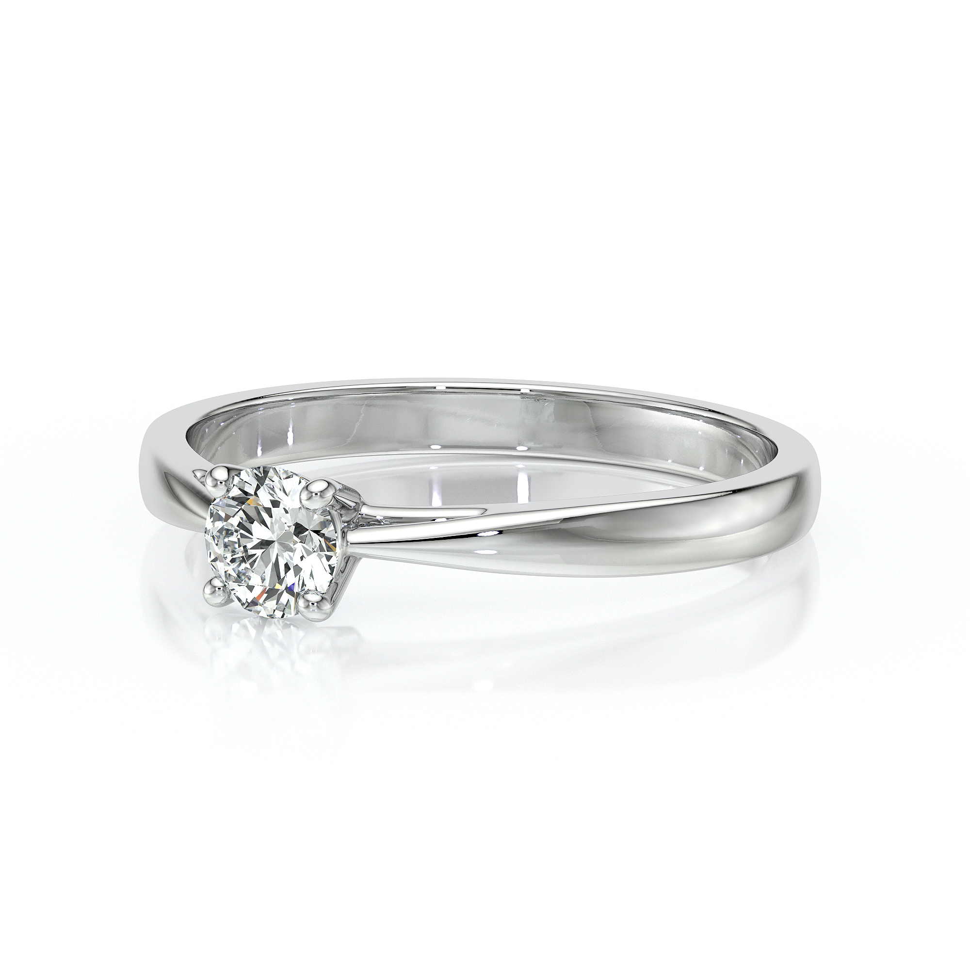 Bague de fiançailles en or blanc avec un diamant rond serti à 4 griffes, élégante et moderne, idéale pour une demande en mariage, avec design minimaliste et brillant, symbole d'amour éternel.