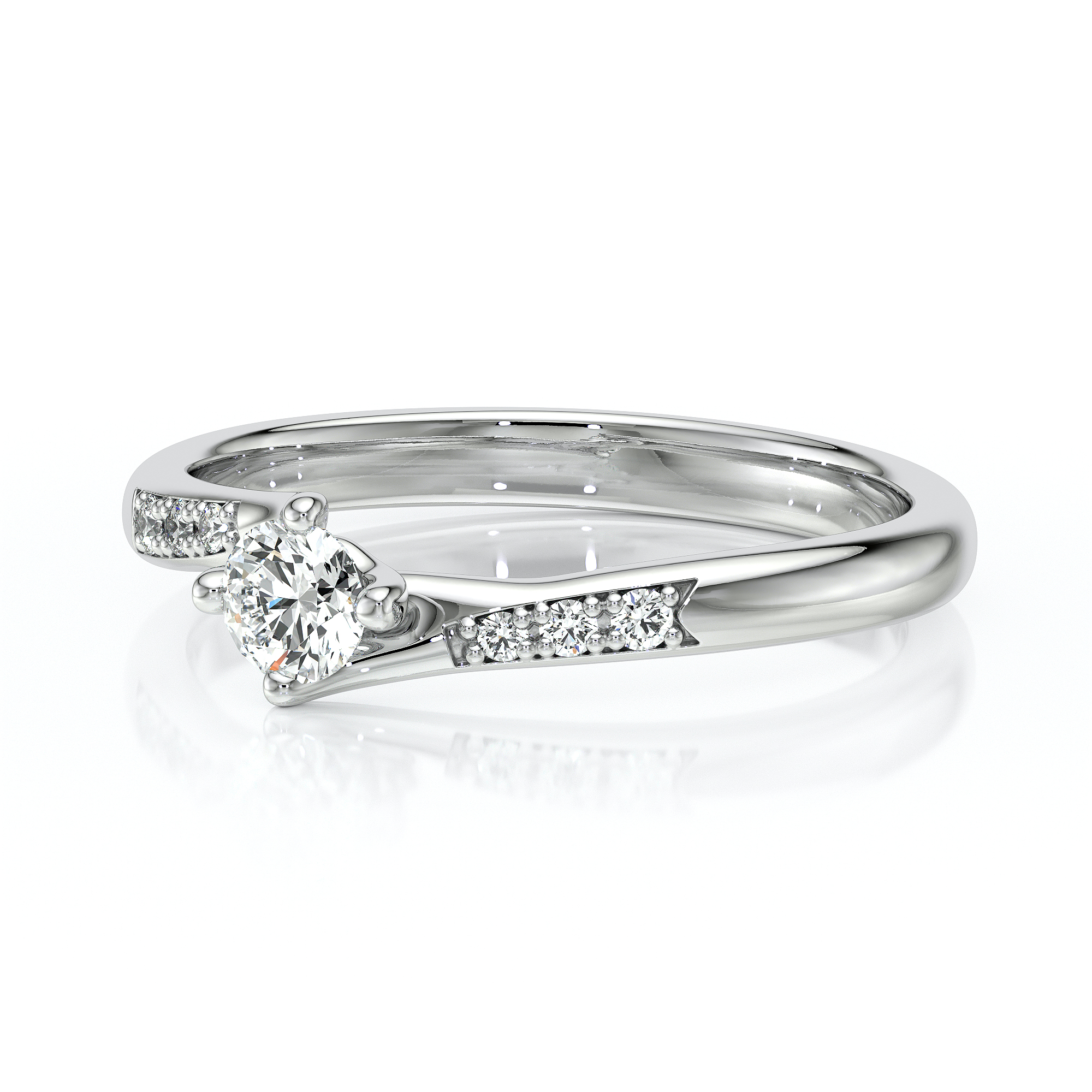 Solitaire accompagné en diamants et en or blanc 18 carats orné de diamants de pavage sur le corps de bague