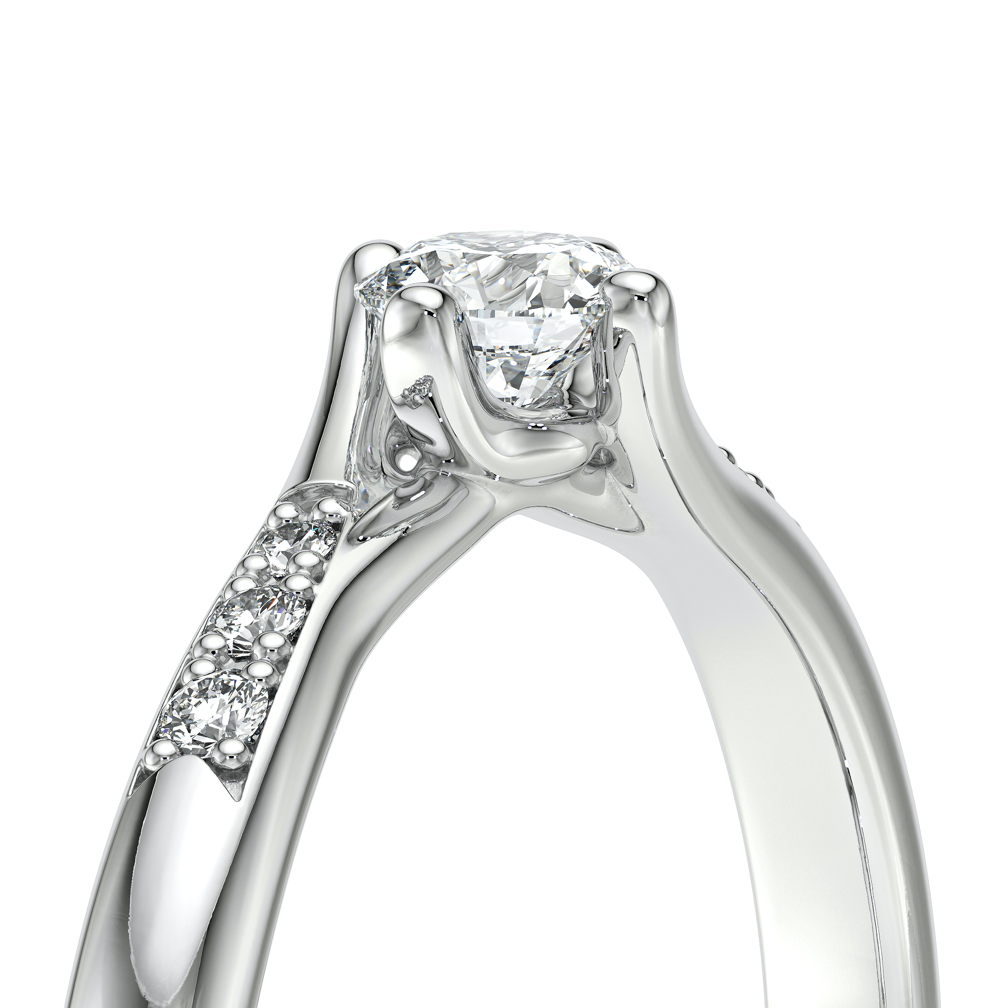 Solitaire accompagné en diamants et en or blanc 18 carats orné de diamants de pavage sur le corps de bague