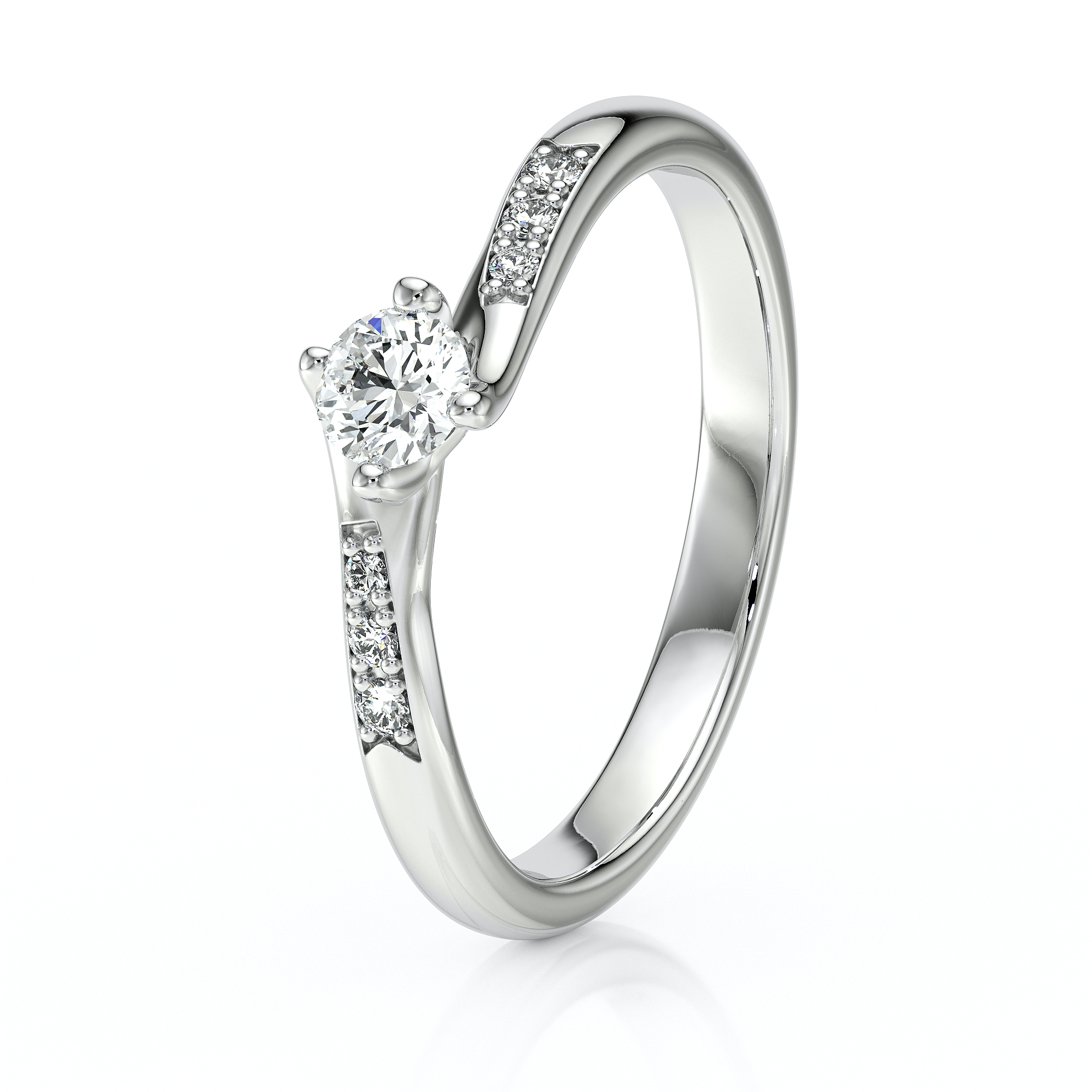 Solitaire accompagné en diamants et en or blanc 18 carats orné de diamants de pavage sur le corps de bague