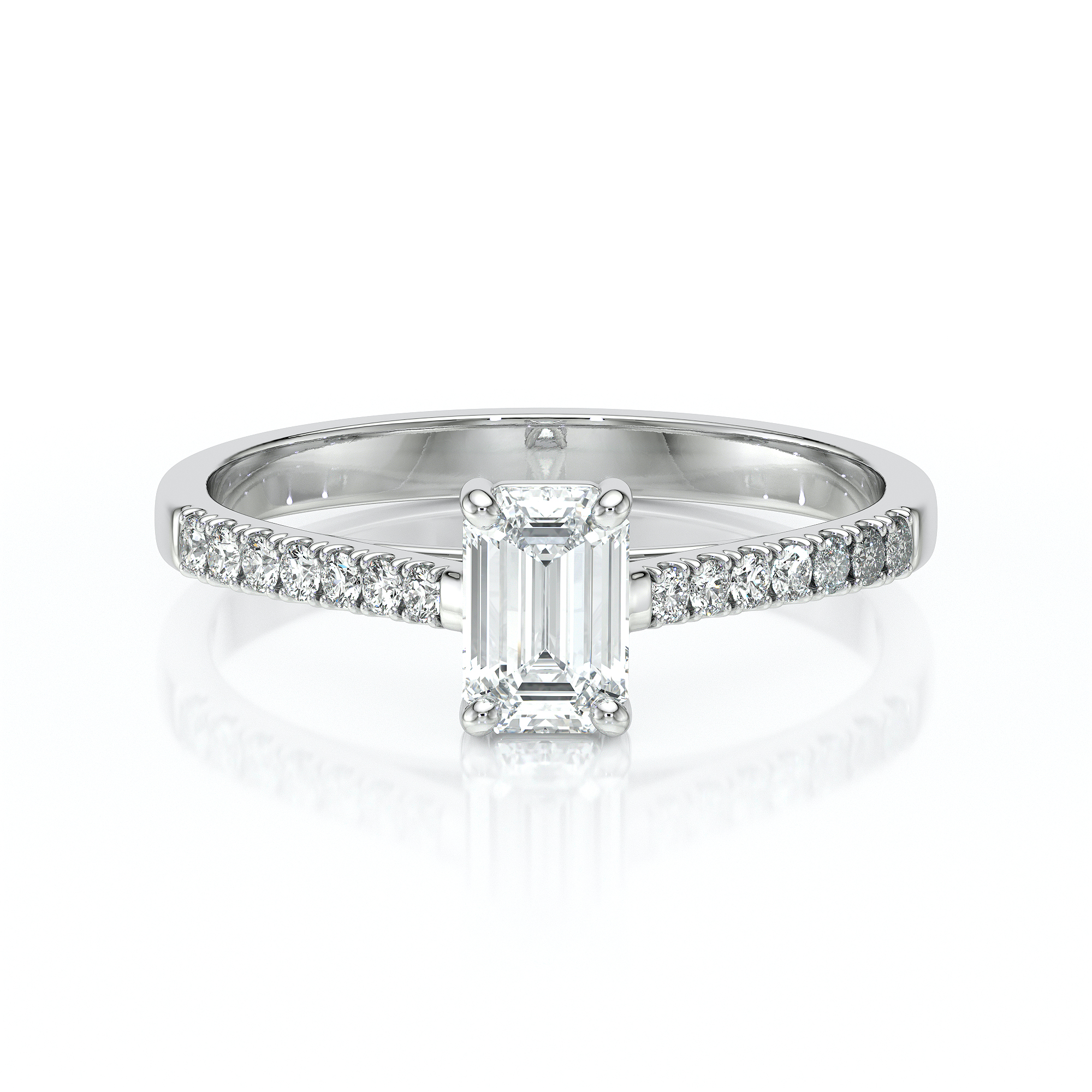 Solitaire bague de fiançailles sertie d'un diamant rectangle et de diamants de pavage sur le corps de bague en or 18 carats