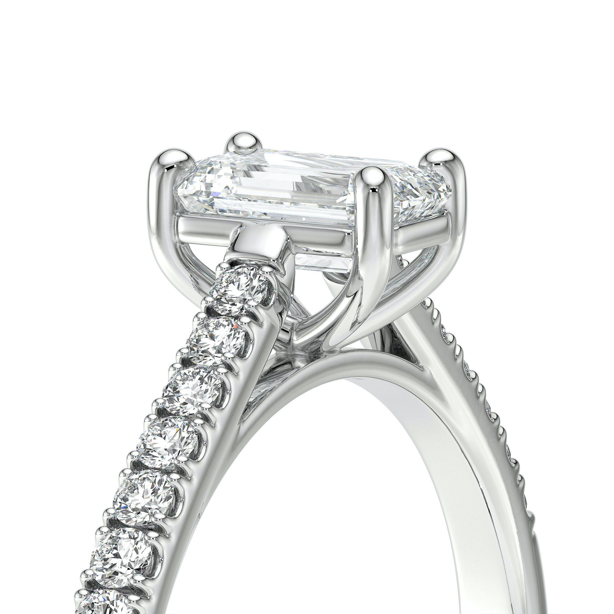 Solitaire bague de fiançailles sertie d'un diamant rectangle et de diamants de pavage sur le corps de bague en or 18 carats