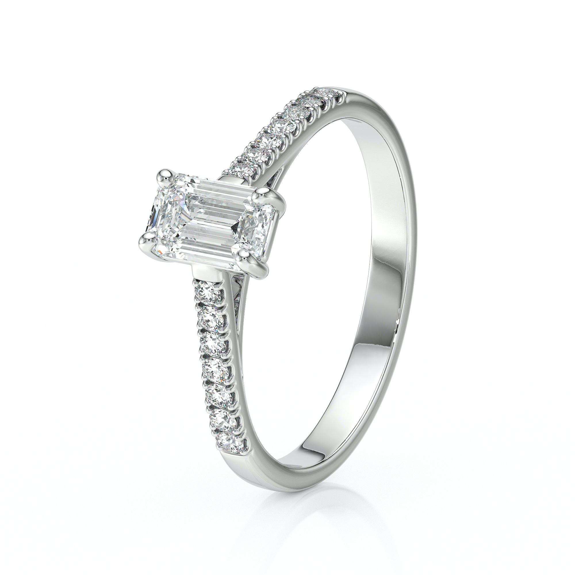 Solitaire bague de fiançailles sertie d'un diamant rectangle et de diamants de pavage sur le corps de bague en or 18 carats