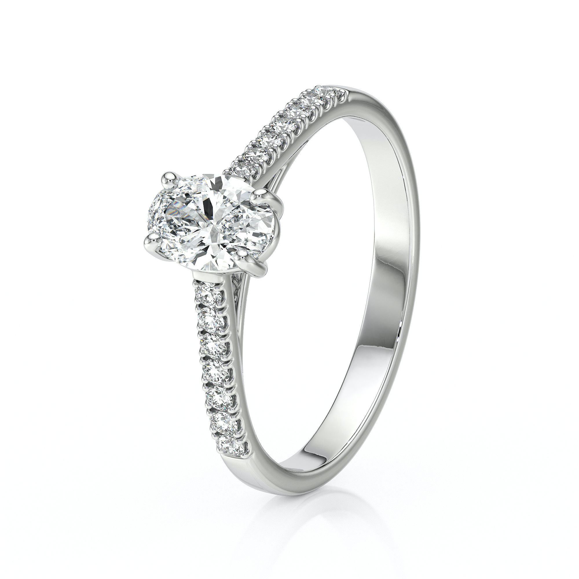 Solitaire bague de fiançailles sertie d'un diamant ovale et de diamants de pavage sur le corps de bague en or 18 carats