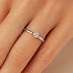 Bague en or blanc avec un diamant brillant de taille ronde, élégamment posée sur un doigt humain, mettant en avant un design minimaliste et moderne, idéale pour une demande en mariage ou un bijou de tous les jours.