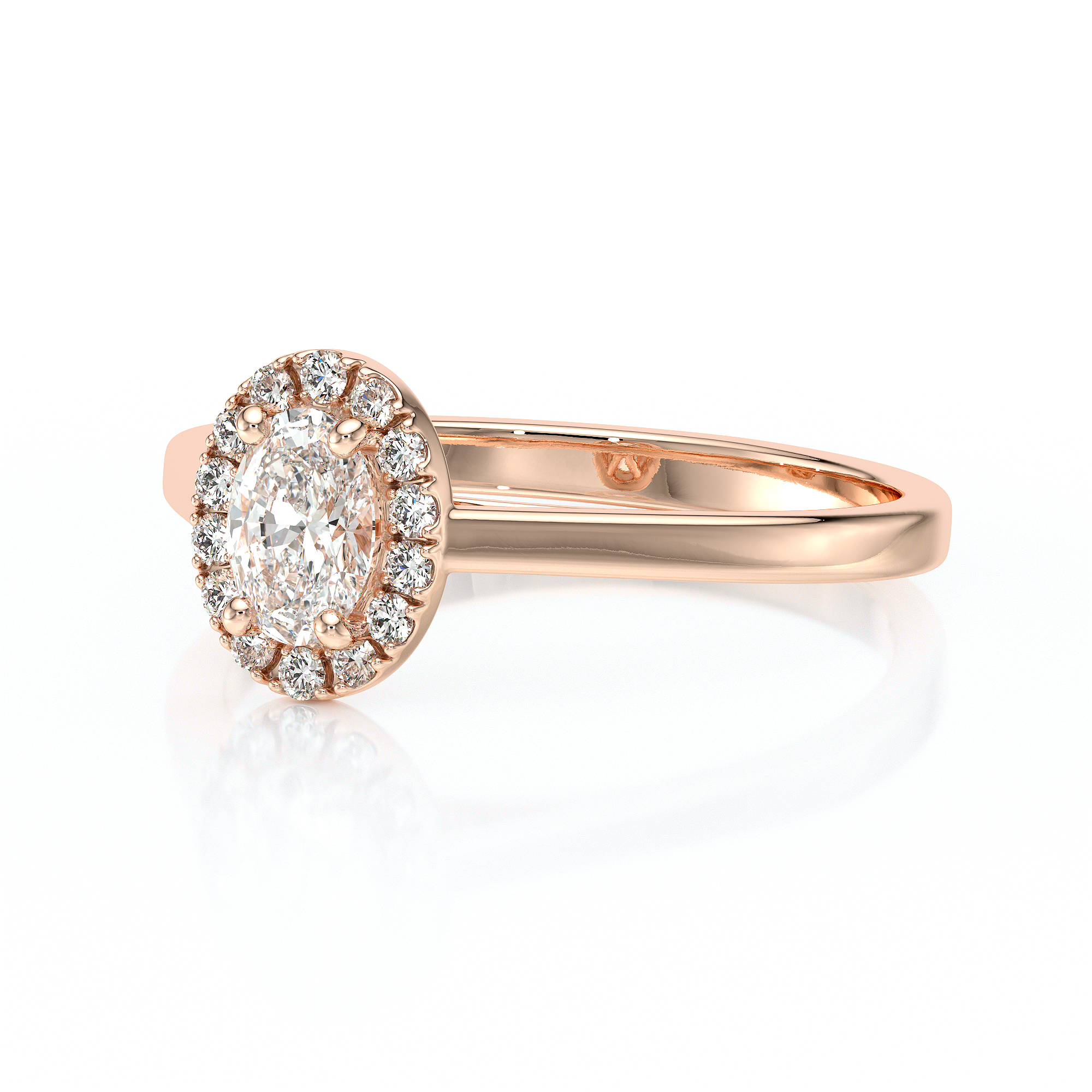 Bague de fiançailles en or rose 18 carats forme ovale avec un diamant ovale entouré de diamants ronds