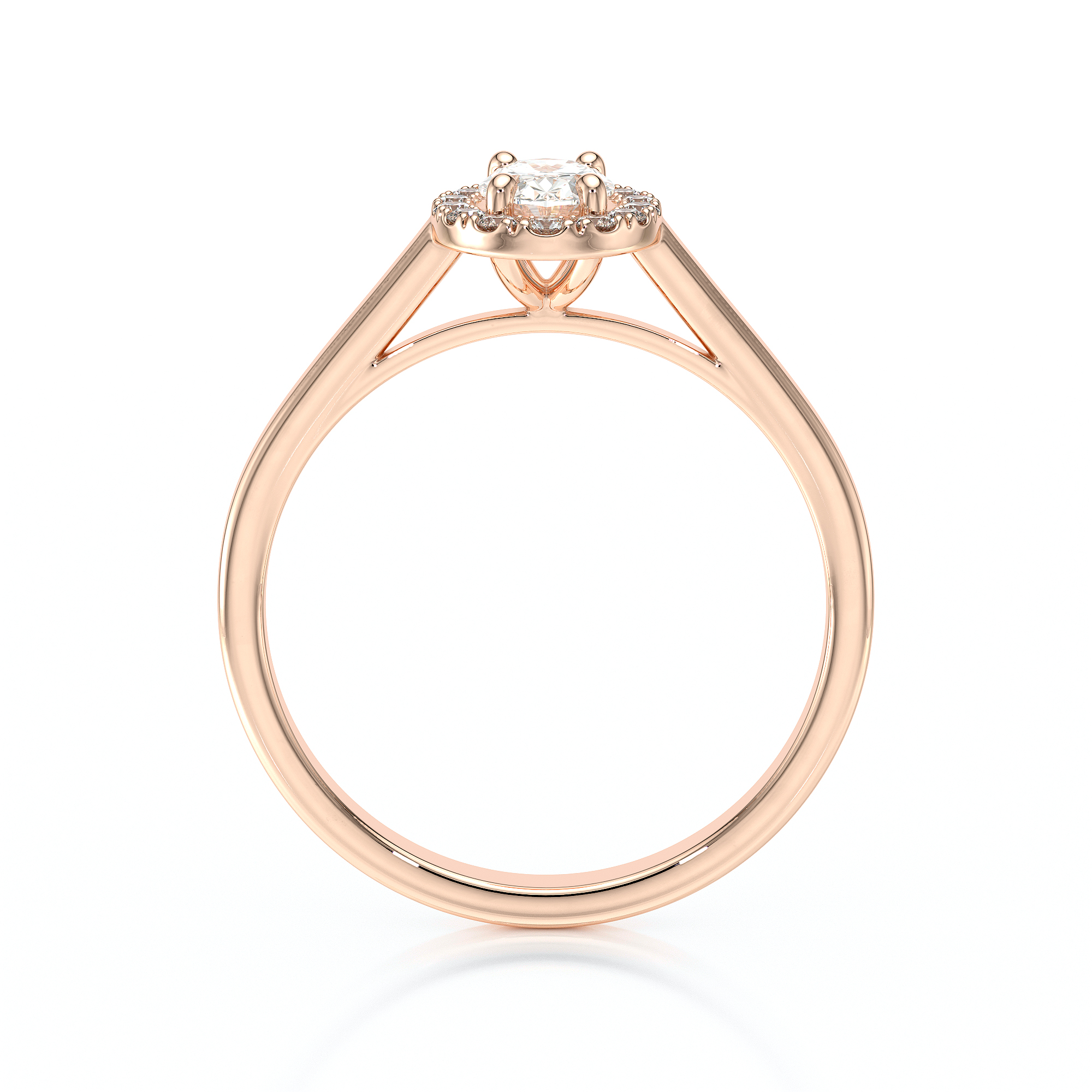 Bague de fiançailles en or rose 18 carats forme ovale avec un diamant ovale entouré de diamants ronds