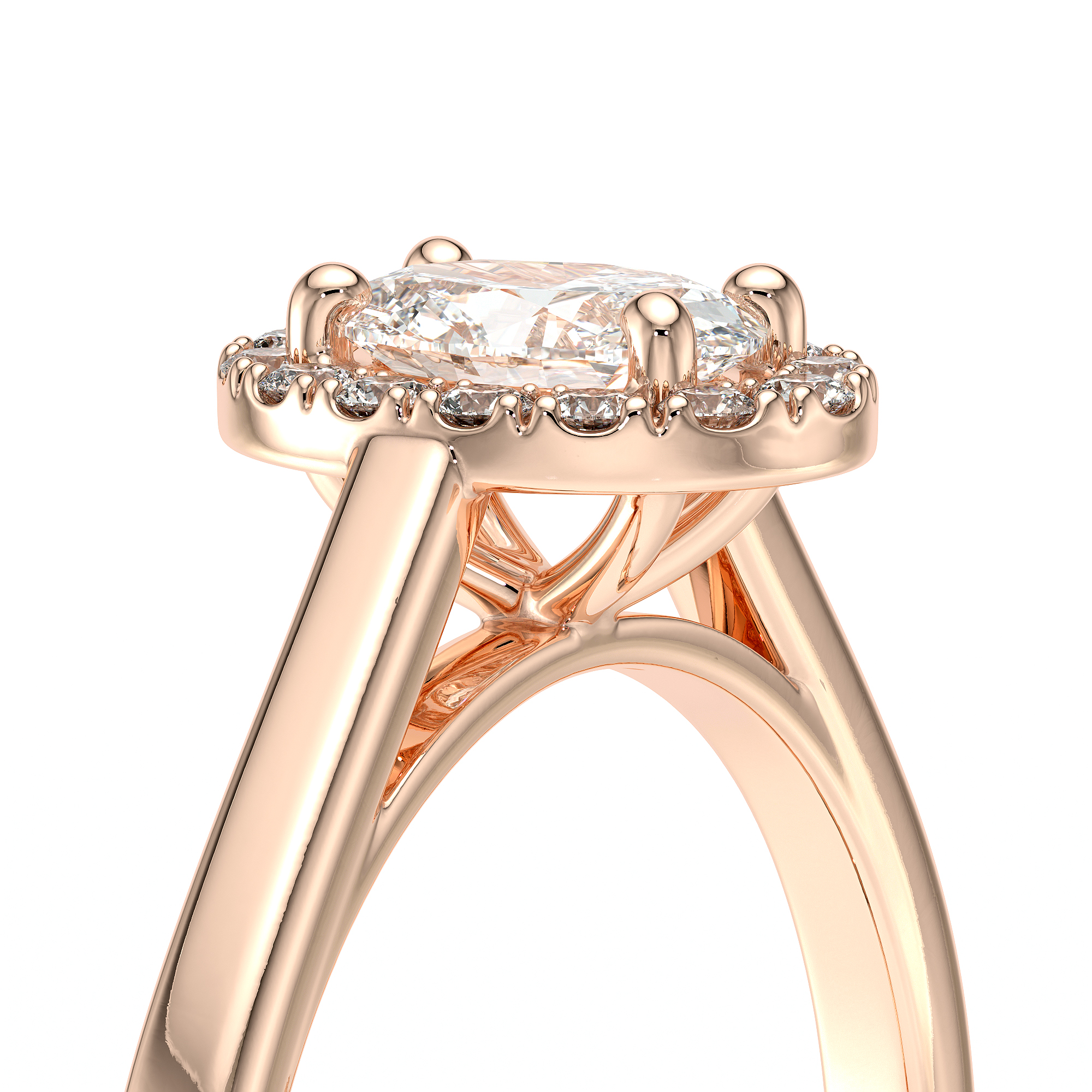 Bague de fiançailles en or rose 18 carats forme ovale avec un diamant ovale entouré de diamants ronds
