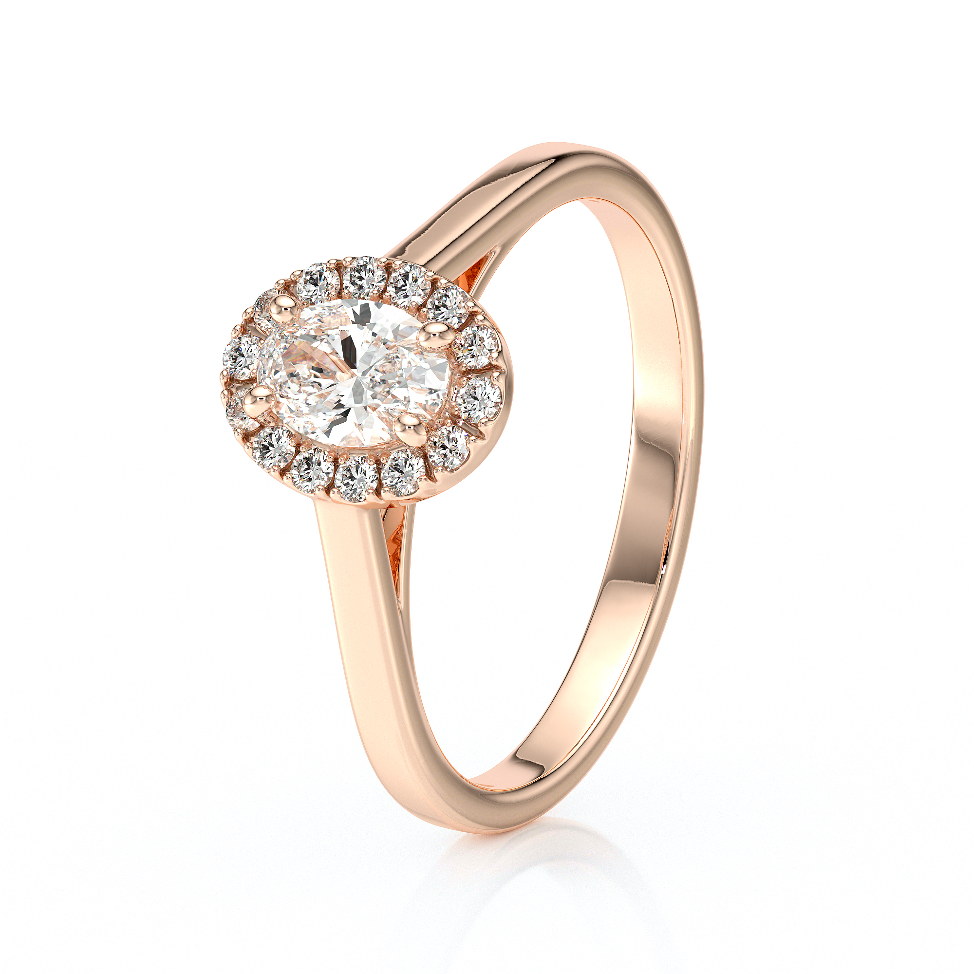 Bague de fiançailles en or rose 18 carats forme ovale avec un diamant ovale entouré de diamants ronds