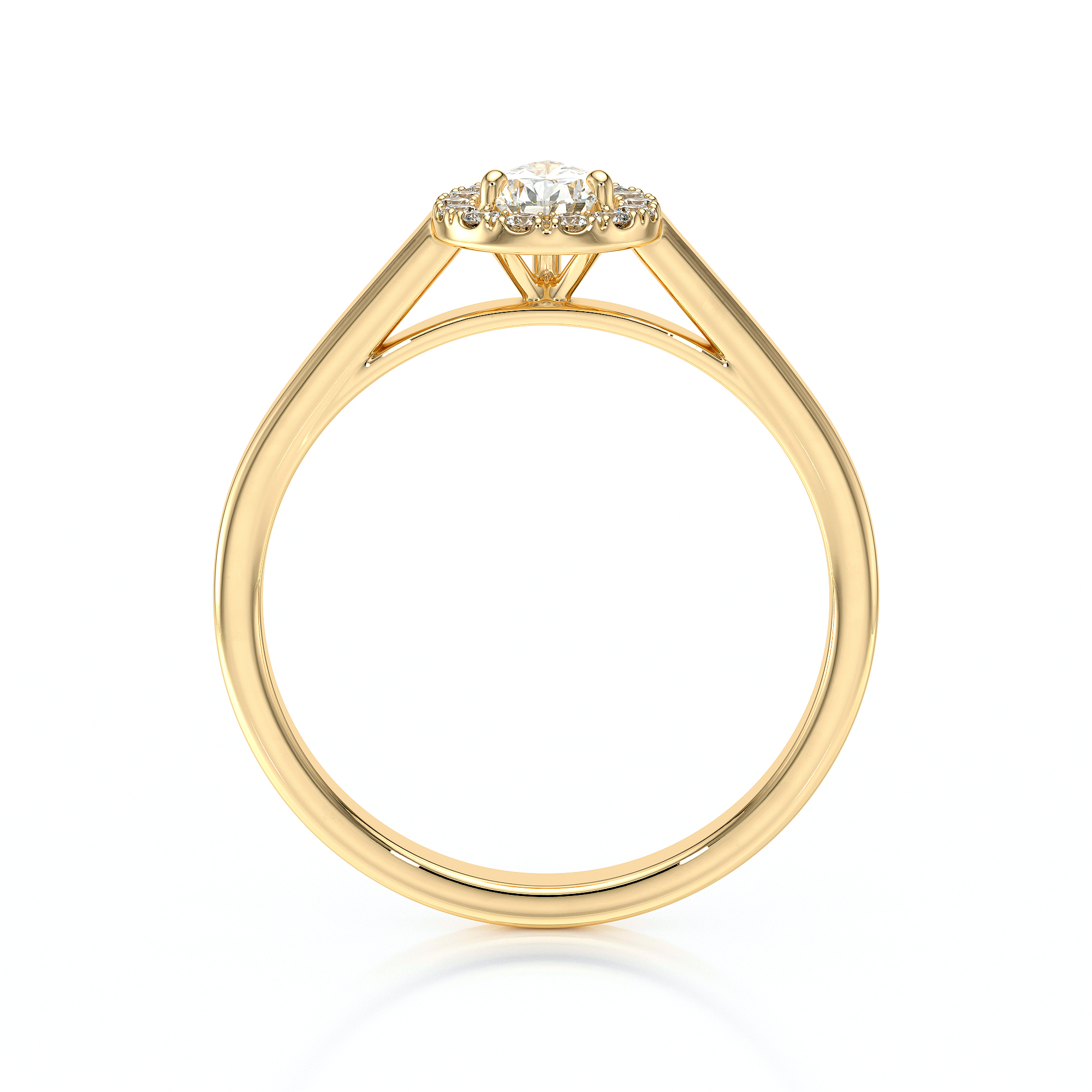 Bague de fiançailles en or jaune 18 carats forme ovale avec un diamant ovale entouré de diamants ronds