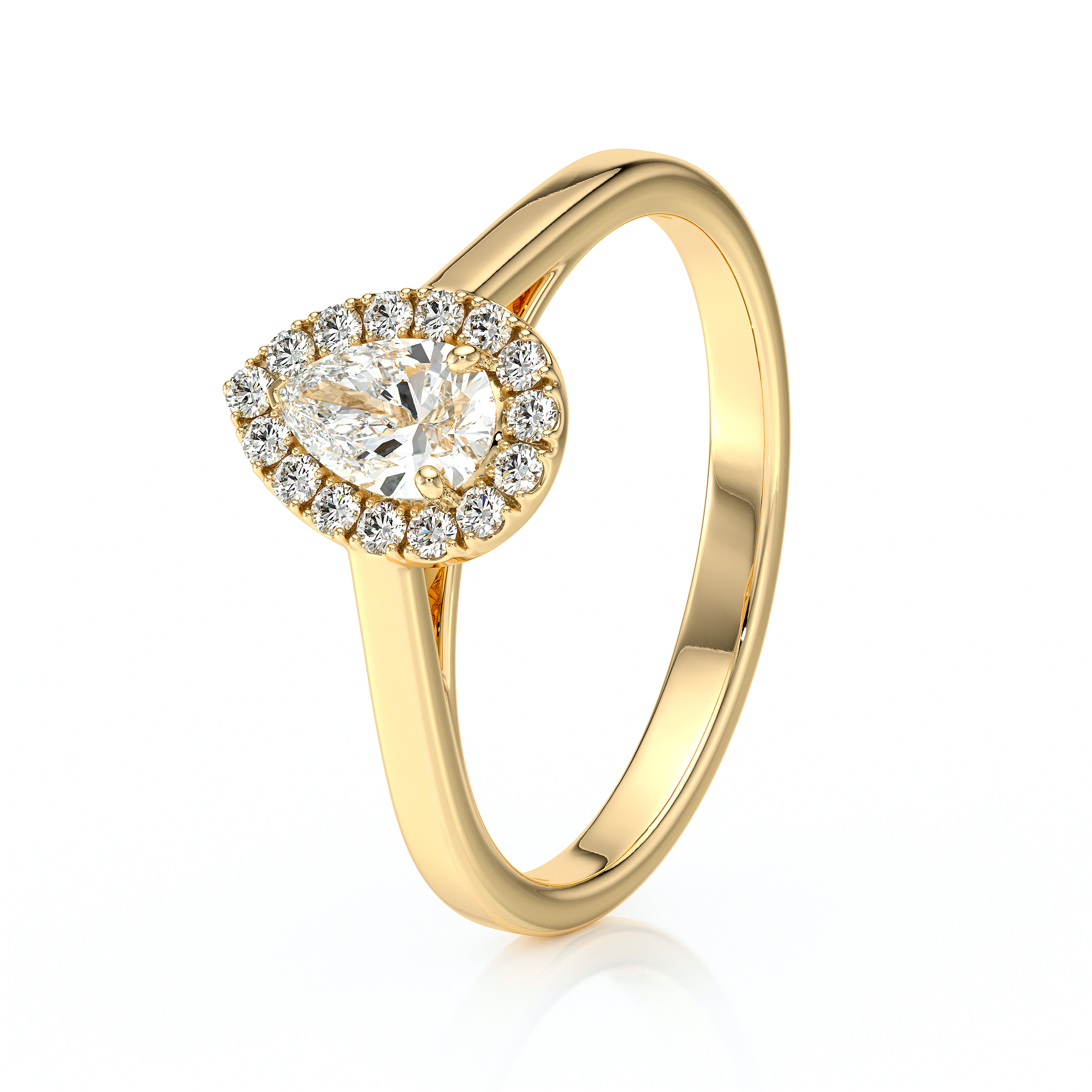 Bague de fiançailles en or jaune 18 carats forme ovale avec un diamant ovale entouré de diamants ronds