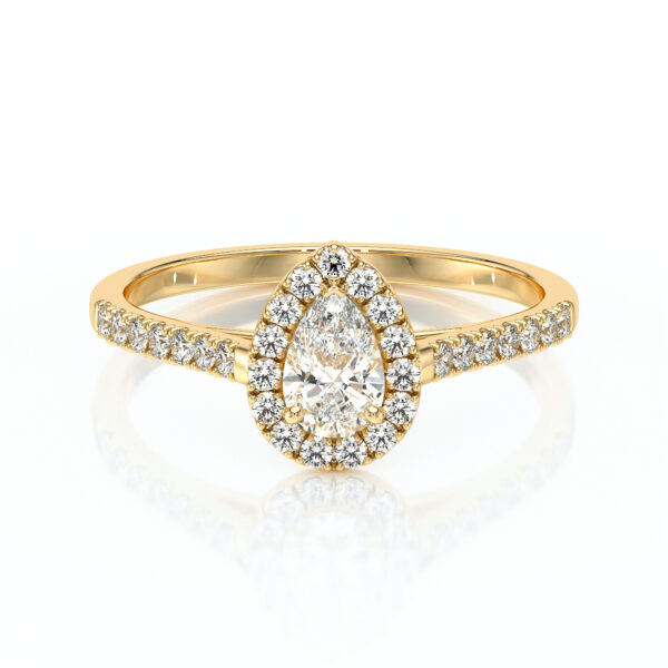 Bague de fiançailles en or jaune 18 carats forme ovale avec un diamant ovale entouré de diamants ronds