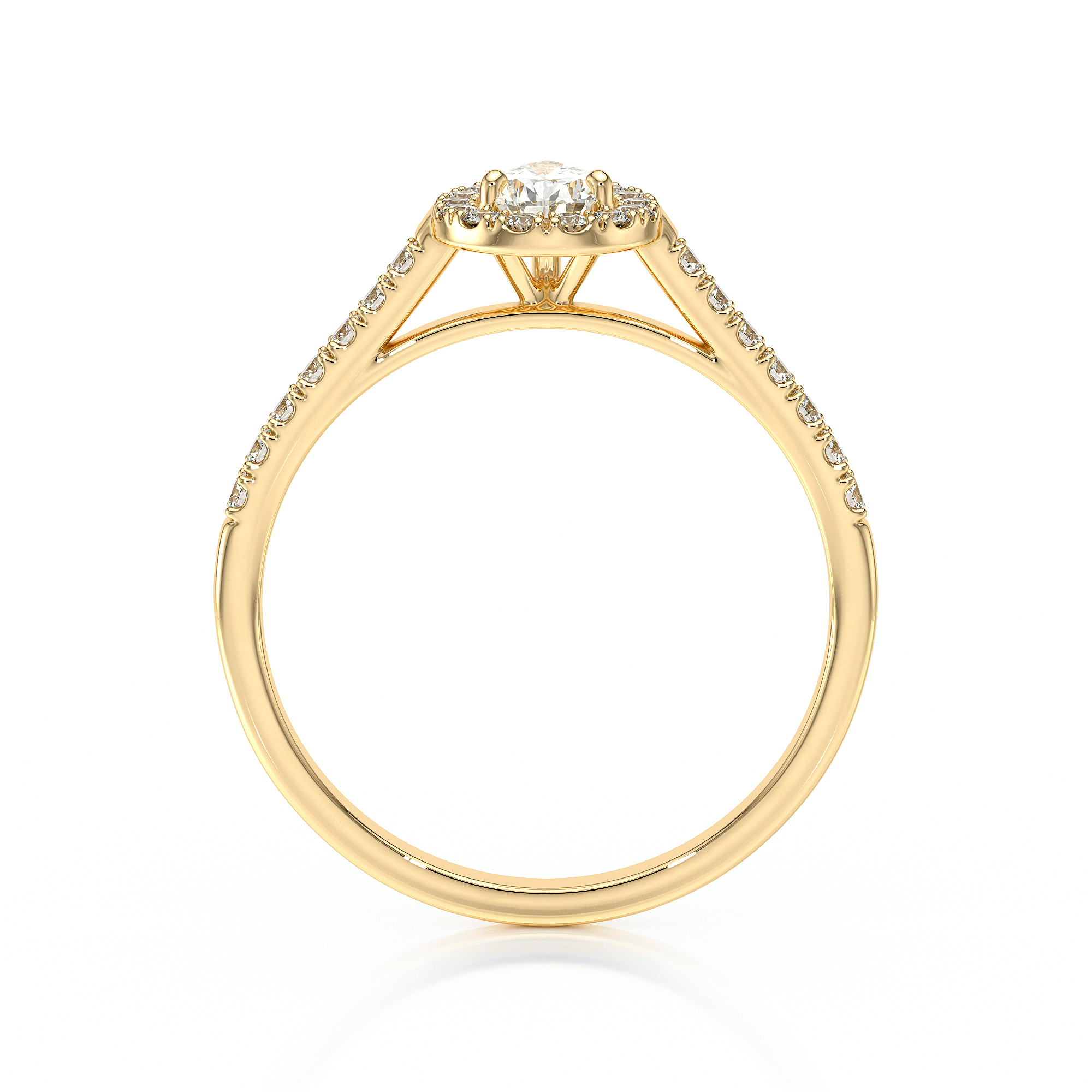 Bague de fiançailles en or jaune 18 carats forme ovale avec un diamant ovale entouré de diamants ronds