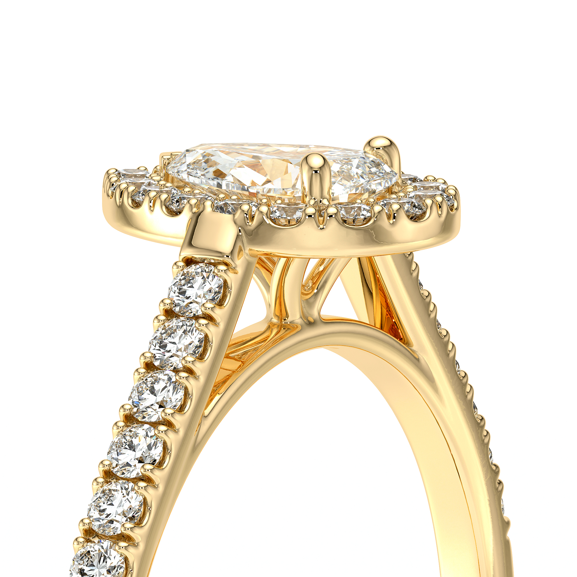 Bague de fiançailles en or jaune 18 carats forme ovale avec un diamant ovale entouré de diamants ronds