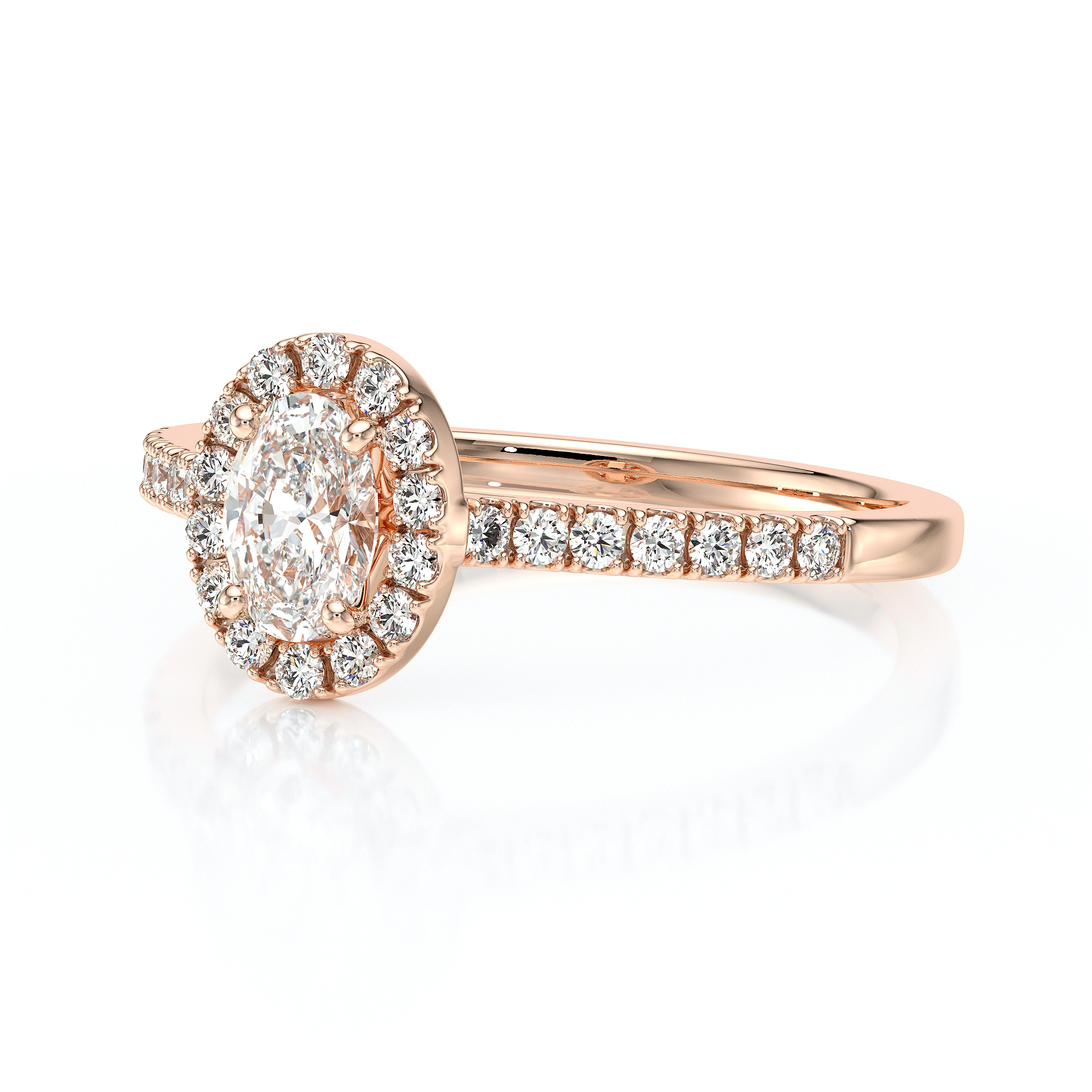 Bague de fiançailles en or jaune 18 carats forme ovale avec un diamant ovale entouré de diamants ronds