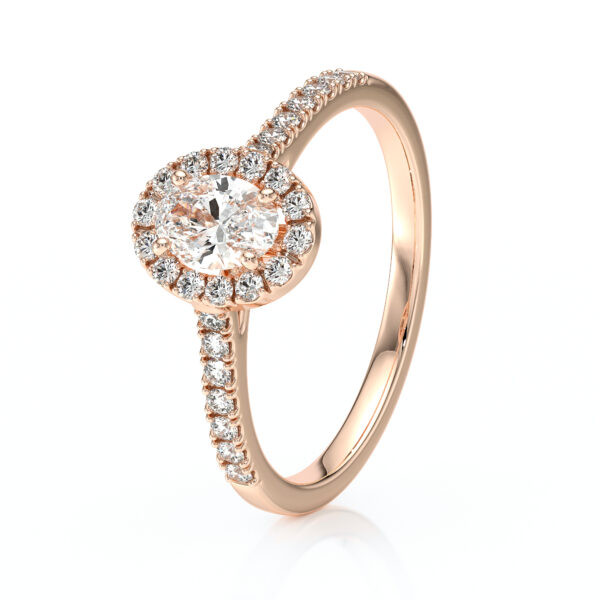Bague de fiançailles en or jaune 18 carats forme ovale avec un diamant ovale entouré de diamants ronds