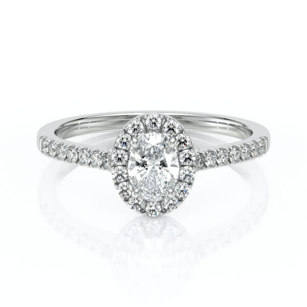 Bague de fiançailles en or jaune 18 carats forme ovale avec un diamant ovale entouré de diamants ronds