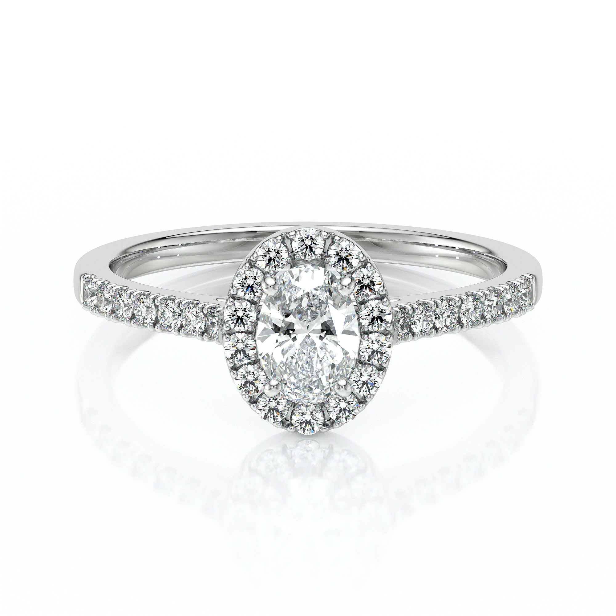 Bague de fiançailles en or jaune 18 carats forme ovale avec un diamant ovale entouré de diamants ronds