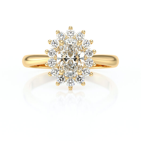 Bague en or avec un diamant ovale central entouré de diamants ronds brillants, offrant une élégance intemporelle. Idéale comme bague de fiançailles ou bijou de luxe, cette pièce de joaillerie met en valeur un design florale et scintillante, parfaite pour célébrer des moments spéciaux.