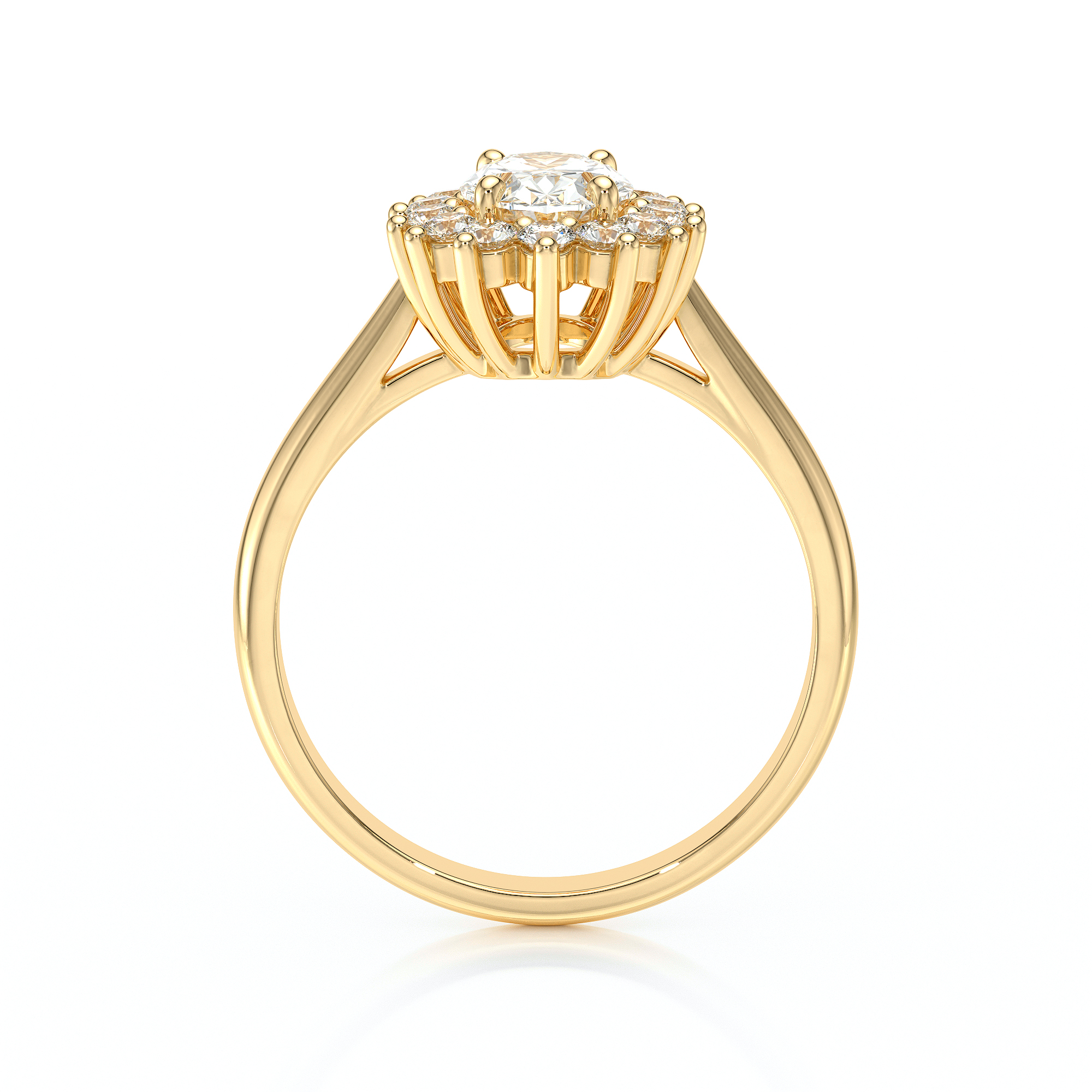 Bague en or jaune avec un design élégant mettant en valeur un diamant central scintillant, entouré de petites pierres précieuses. Idéale pour une demande en mariage ou un cadeau spécial, symbolisant l'amour et l'engagement. Modèle en or 18 carats avec une finition brillante, apportant sophistication et luxe.