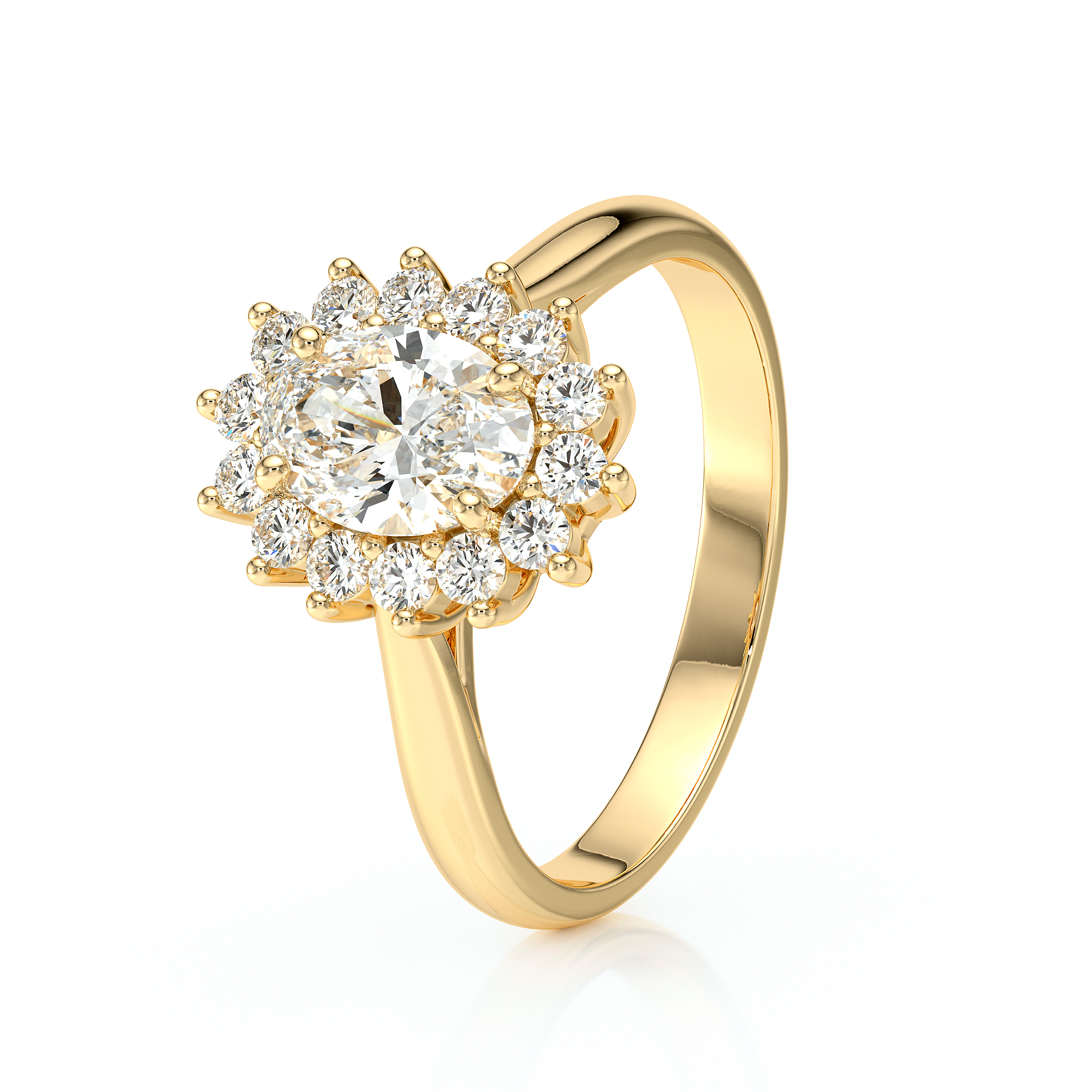 Bague en or jaune avec un design floral, ornée d'un diamant central entouré de plusieurs petits diamants, idéale pour une proposition de mariage ou comme bijou de luxe, modèle élégant et chic.